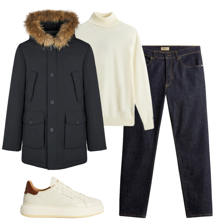 Outfit uomo - Il parka per il freddo. Stile Urban per Tutti i giorni. Abbinamento con piumini, pantaloni, maglieria, sneakers.
