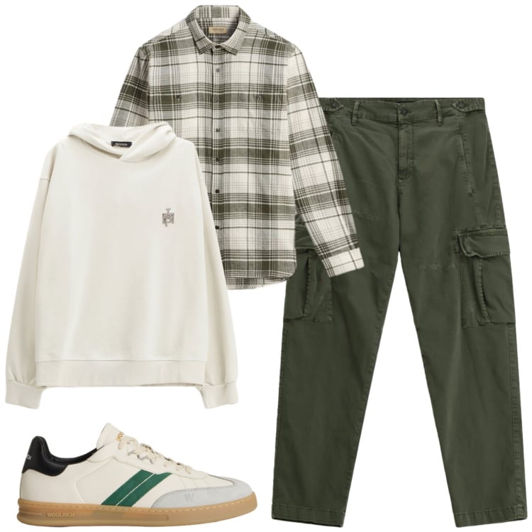 Outfit uomo - Novembre. Stile Casual per Tutti i giorni. Abbinamento con felpe con cappuccio, pantaloni cargo, sneakers, camicie.