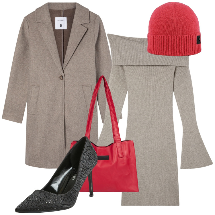 Outfit donna - Red touch. Stile Chic per Ufficio. Abbinamento con vestiti corti, décolleté, cappotti, shopping bag, berretti.
