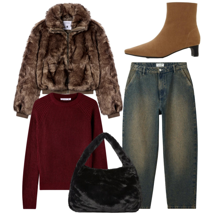 Outfit donna - Sablè. Stile Casual per Tutti i giorni. Abbinamento con stivaletti, jeans, maglieria, ecopellicce, borse a spalla.