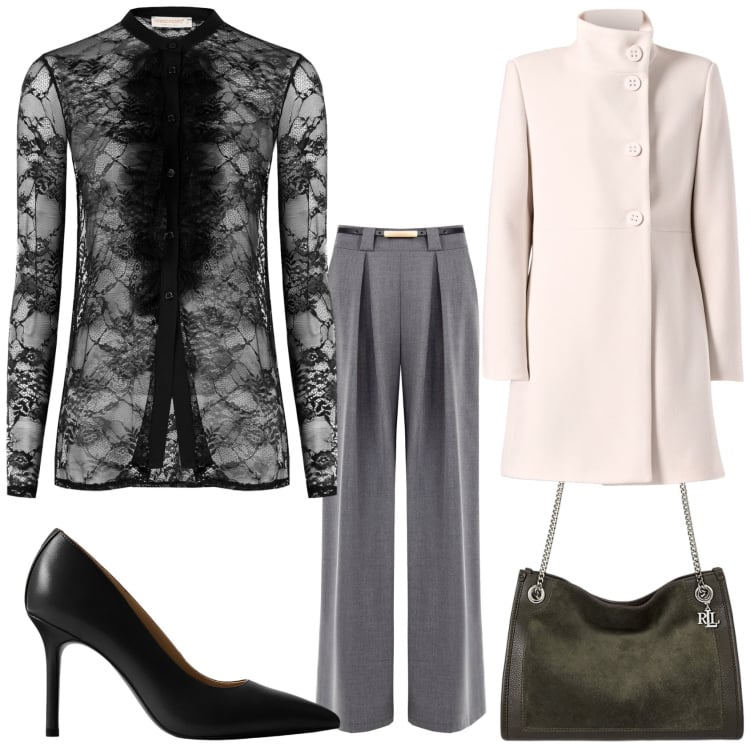 Outfit donna - Total look #2291864. Stile Chic per Serata fuori. Abbinamento con cappotti, pantaloni a palazzo, camicie, décolleté, borse tote.