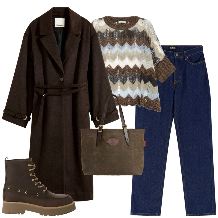 Outfit donna - City. Stile Casual chic per Tutti i giorni. Abbinamento con cappotti, jeans dritti, maglieria, stivaletti, borse tote.