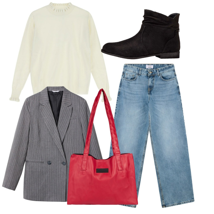 Outfit donna - Gessato. Stile Casual per Tutti i giorni. Abbinamento con stivaletti, blazer, jeans boyfriend, shopping bag, maglieria.
