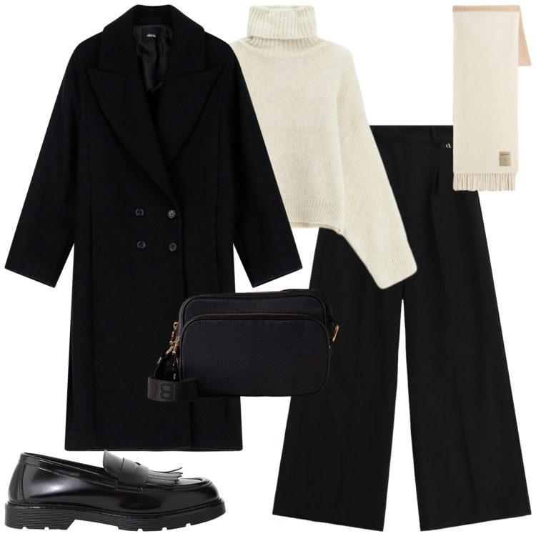 Outfit donna - Urban. Stile Urban per Tutti i giorni. Abbinamento con maglieria, borse a tracolla, mocassini, cappotti, pantaloni a palazzo, sciarpe.