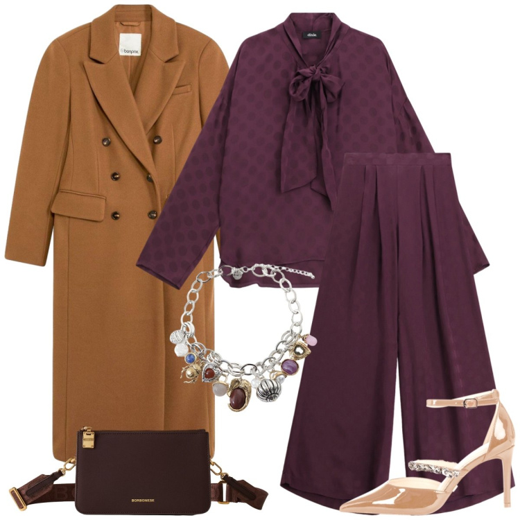 Outfit donna - Total look #2291874. Stile Chic per Serata fuori. Abbinamento con cappotti, décolleté, borse a tracolla, braccialetti con ciondoli, pantaloni a palazzo, bluse.