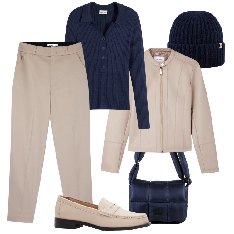 Outfit donna - Petite con stile. Stile Casual chic per Tutti i giorni. Abbinamento con maglieria, mocassini, pantaloni chino, giacche, borse a spalla, berretti.