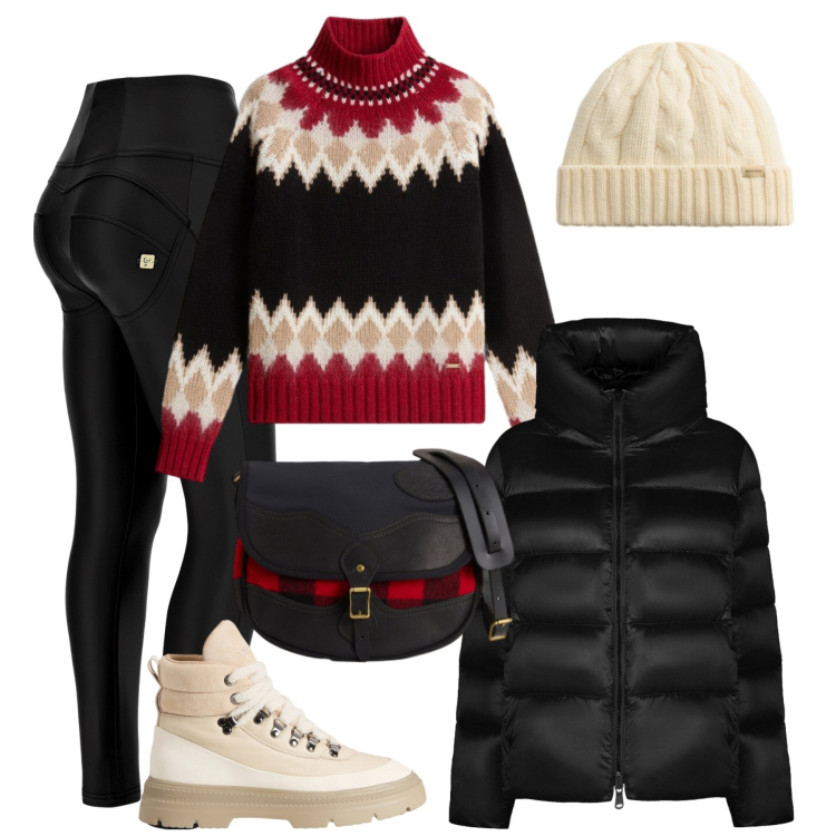 Outfit donna - Festive dqys. Stile Casual chic per Tutti i giorni. Abbinamento con pantaloni skinny, piumini, berretti, maglieria, anfibi, borse a tracolla.