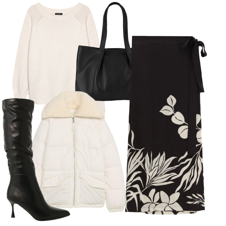 Outfit donna - Chic. Stile Chic per Serata fuori. Abbinamento con giacche, shopping bag, stivali sopra il ginocchio, gonne lunghe, maglieria.