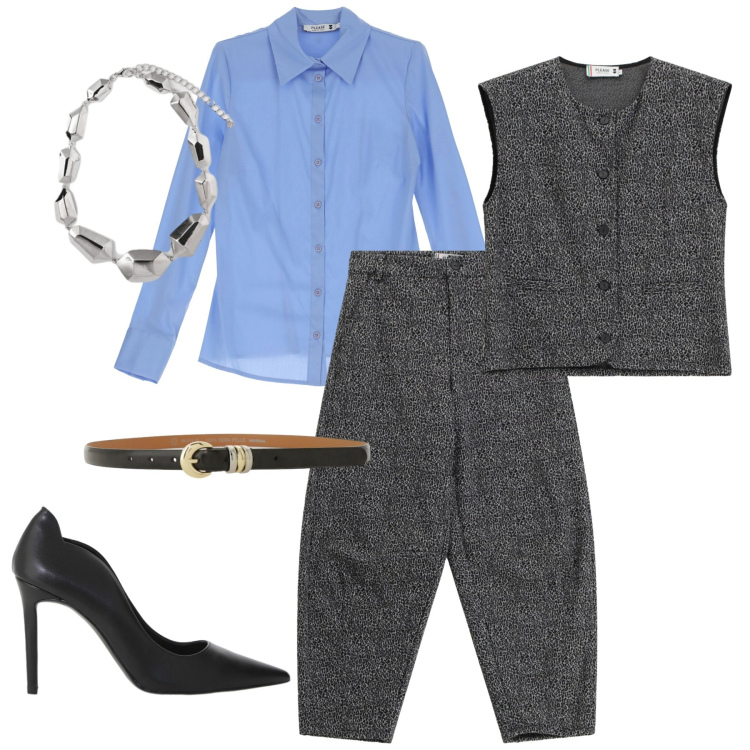 Outfit donna - Total look #2291893. Stile Mannish per Ufficio. Abbinamento con pantaloni, camicie, gilet, cinture, décolleté, ciondoli.