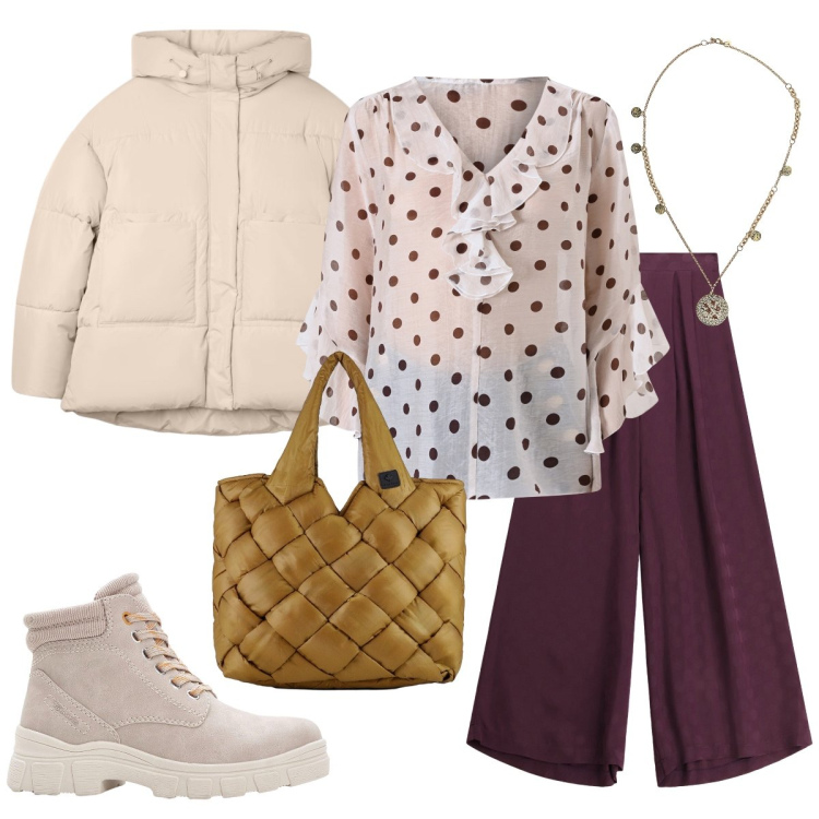 Outfit donna - La blusa a pois. Stile Casual chic per Ufficio. Abbinamento con stivaletti, bomber, bluse, pantaloni a palazzo, ciondoli, borse tote.