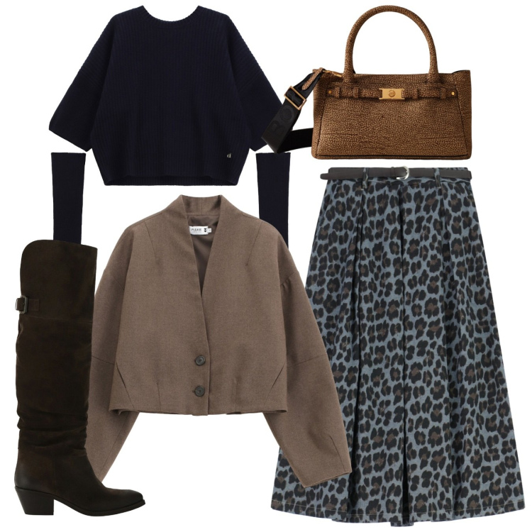 Outfit donna - Total leo. Stile Chic per Tutti i giorni. Abbinamento con gonne longuette, blazer, borse a mano, maglieria, stivali.