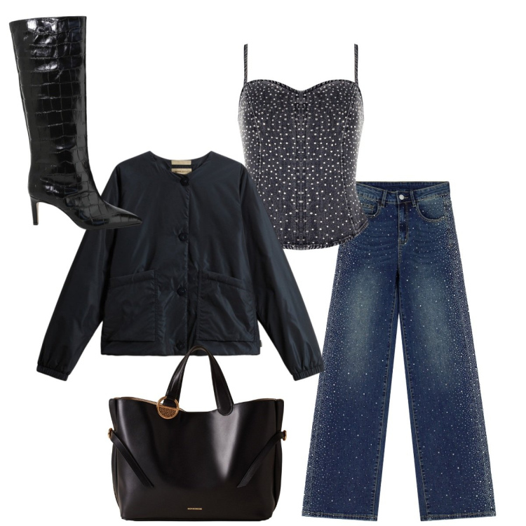 Outfit donna - Jeans e strass. Stile Romantica per Serata fuori. Abbinamento con top, jeans, shopping bag, stivali, blazer.