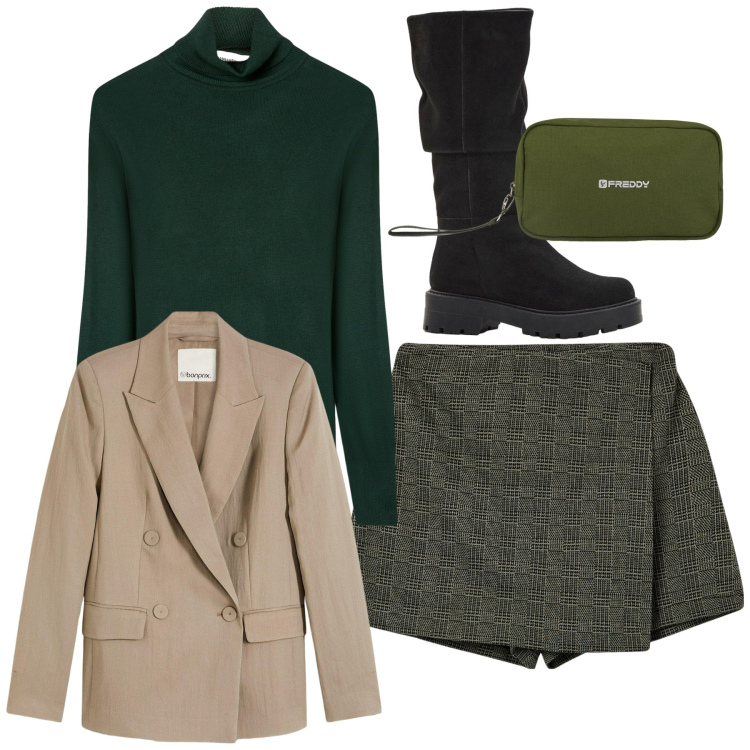 Outfit donna - Mini look. Stile Chic per Tutti i giorni. Abbinamento con blazer, stivali, minigonne, maglieria, valigie.