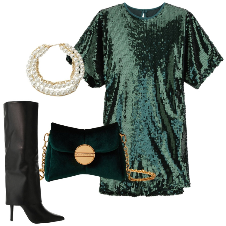 Outfit donna - Lustrini look. Stile Glamour per Serata fuori. Abbinamento con vestiti corti, stivali, borse a tracolla, collane.