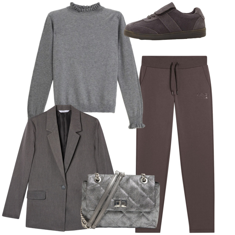 Outfit donna - Total sporty. Stile Sporty chic per Tutti i giorni. Abbinamento con sneakers, borse a tracolla, blazer, maglieria, pantaloni.