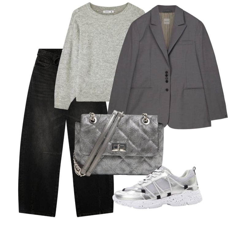 Outfit donna - Day by day casual chic. Stile Basic per Tutti i giorni. Abbinamento con sneakers, borse a tracolla, jeans, maglieria, blazer.