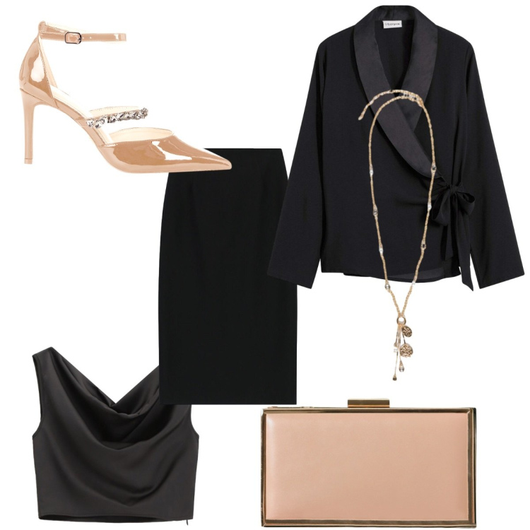 Outfit donna - Old Pink and black. Stile Romantica per Cerimonia. Abbinamento con blazer, pochette, décolleté, gonne longuette, top, ciondoli.