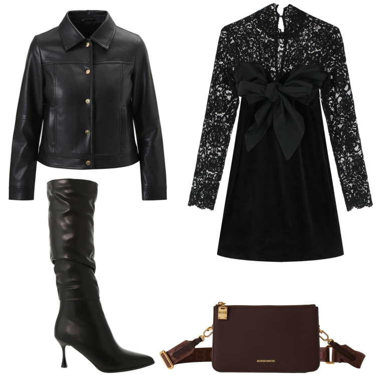 Outfit donna - Romantica e rock. Stile Glamour per Serata fuori. Abbinamento con giacche, stivali sopra il ginocchio, borse a tracolla, vestiti corti.