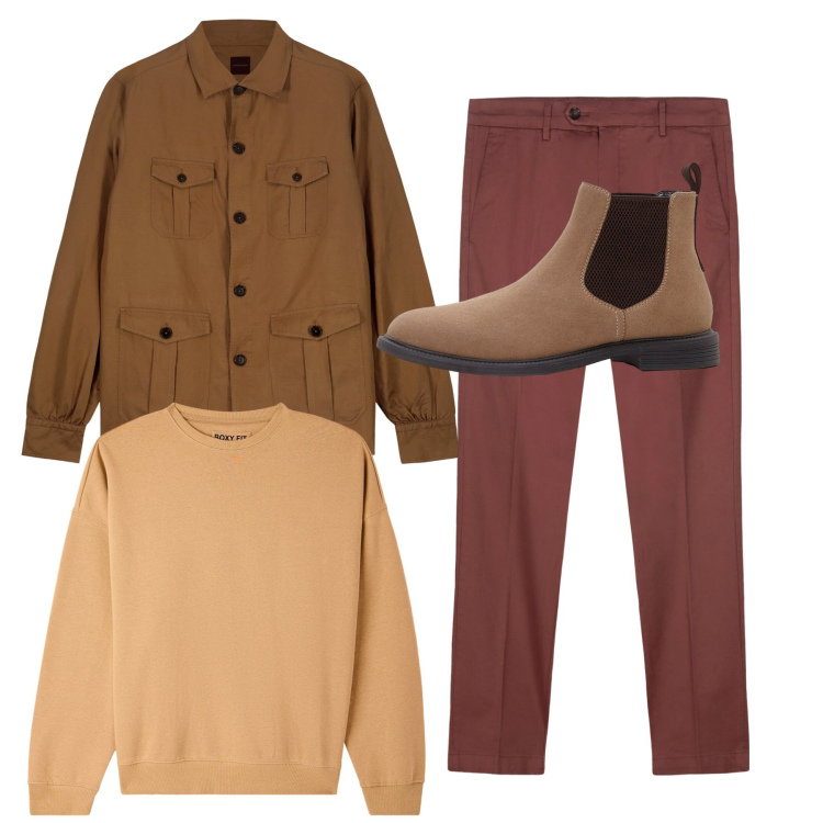 Outfit uomo - Total look. Stile Casual per Tutti i giorni. Abbinamento con stivali e stivaletti, felpe, pantaloni chino, cappotti.