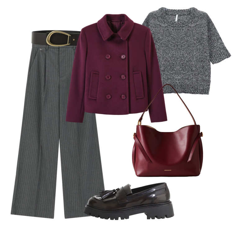 Outfit donna - Vita alta, cappotto crop !. Stile Glamour per Tutti i giorni. Abbinamento con caban, maglieria, borse a mano, mocassini, pantaloni a palazzo, cinture.