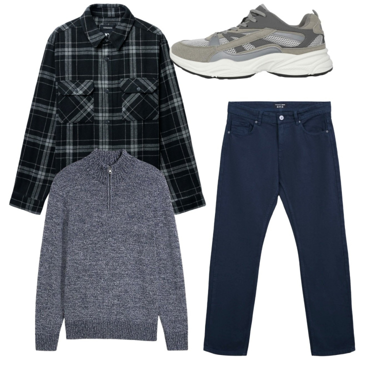 Outfit uomo - Total look. Stile Casual per Tutti i giorni. Abbinamento con maglieria, sneakers, jeans dritti, cappotti.