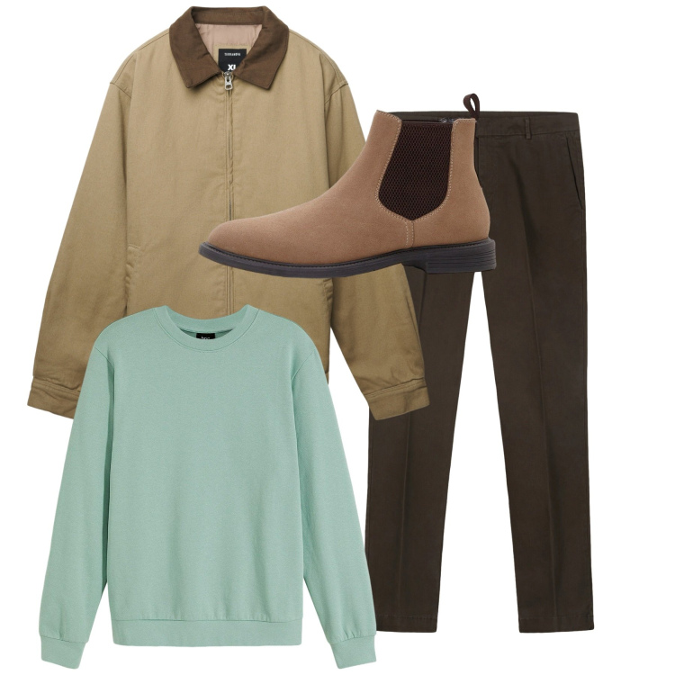 Outfit uomo - Total look. Stile Trendy per Tutti i giorni. Abbinamento con felpe, stivali e stivaletti, cappotti, pantaloni chino.