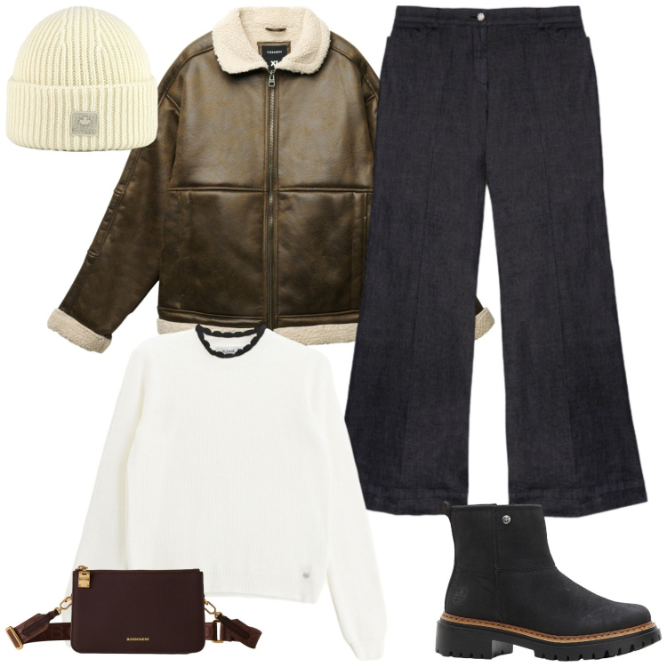 Outfit donna - Per vetrine. Stile Casual per Tutti i giorni. Abbinamento con stivaletti, pullovers, giacche, borse a tracolla, berretti, jeans dritti.