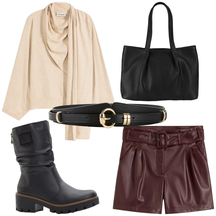 Outfit donna - Total look #2291918. Stile Urban per Serata fuori. Abbinamento con maglieria, shorts, cinture, shopping bag, stivaletti.