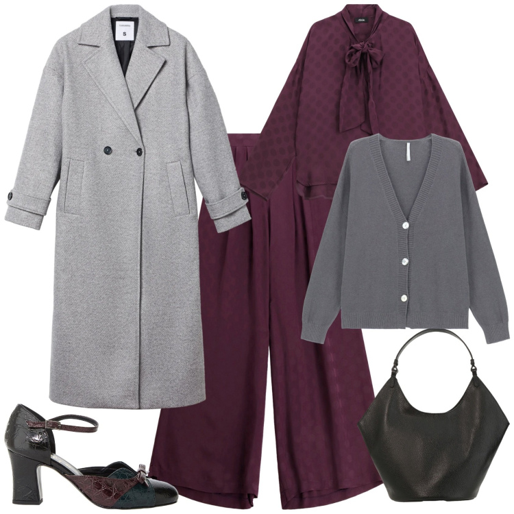Outfit donna - Casual chic per l ufficio. Stile Casual chic per Ufficio. Abbinamento con cappotti, cardigans, décolleté, pantaloni a palazzo, borse a spalla, bluse.