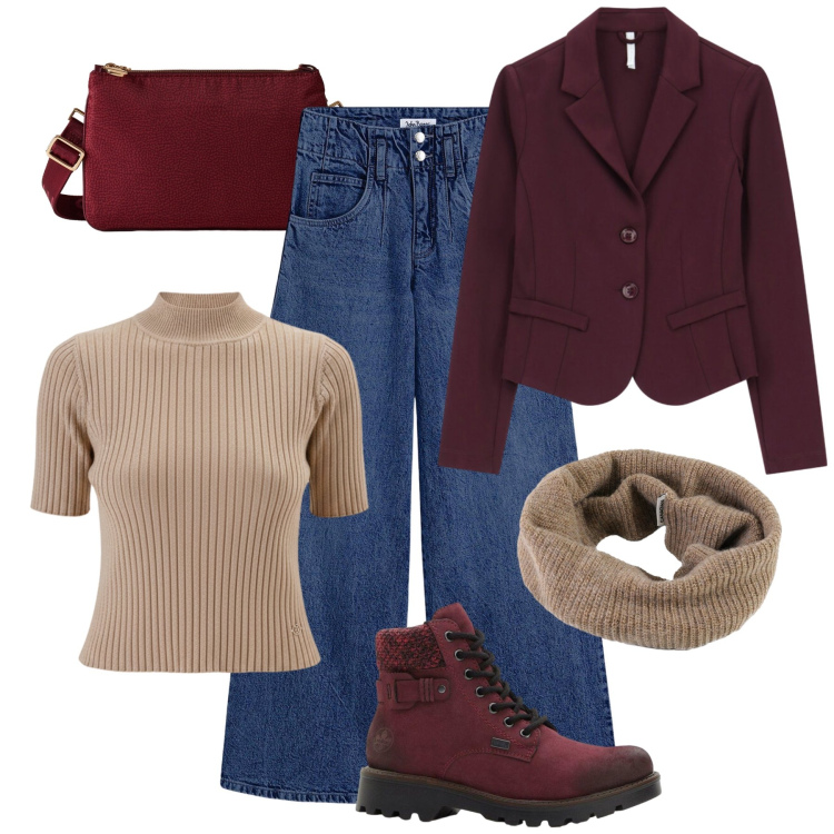 Outfit donna - Jeans e maglia lurex. Stile Urban per Tutti i giorni. Abbinamento con stivaletti, jeans, pullovers, blazer, borse a tracolla, scaldacollo.