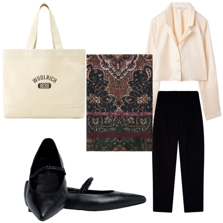 Outfit donna - Camicia e foulard in ufficio. Stile Chic per Ufficio. Abbinamento con pantaloni chino, camicie, foulard, borse tote, ballerine.