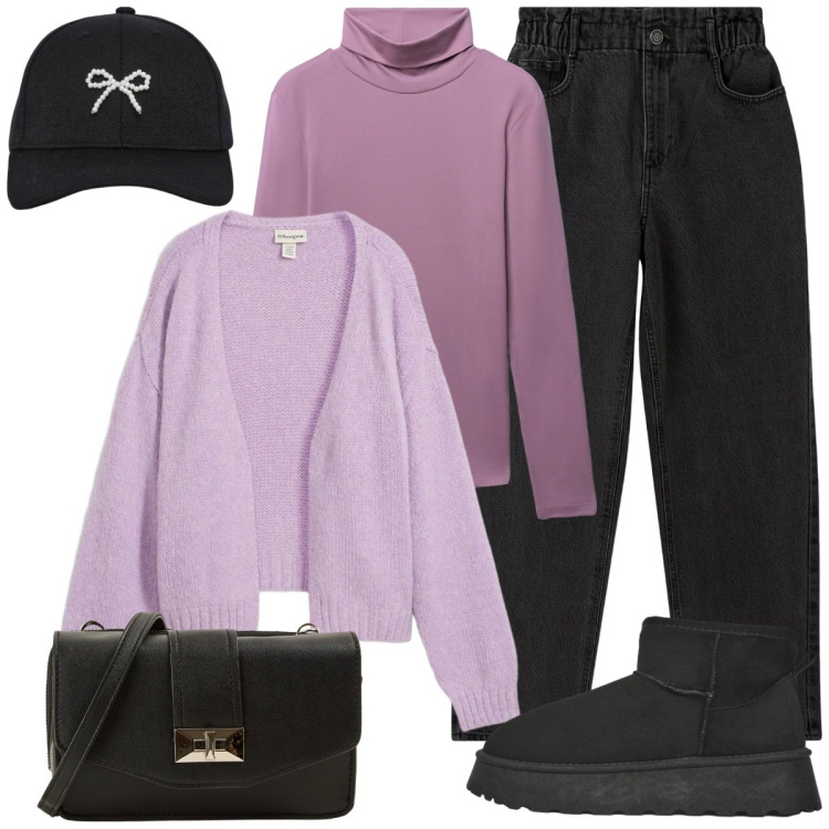 Outfit donna - Viola e nero. Stile Casual per Tutti i giorni. Abbinamento con cardigans, jeans, t-shirt, stivaletti, cappelli con visiera, borse a tracolla.
