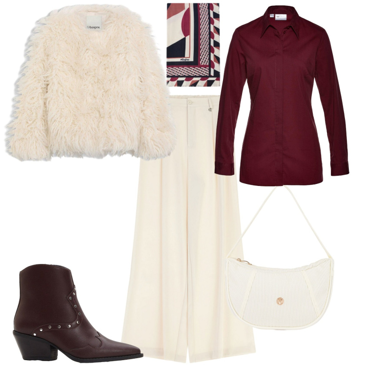 Outfit donna - Casual chic. Stile Casual chic per Tutti i giorni. Abbinamento con stivaletti texani, ecopellicce, camicie, pantaloni a palazzo, borse a mano, foulard.