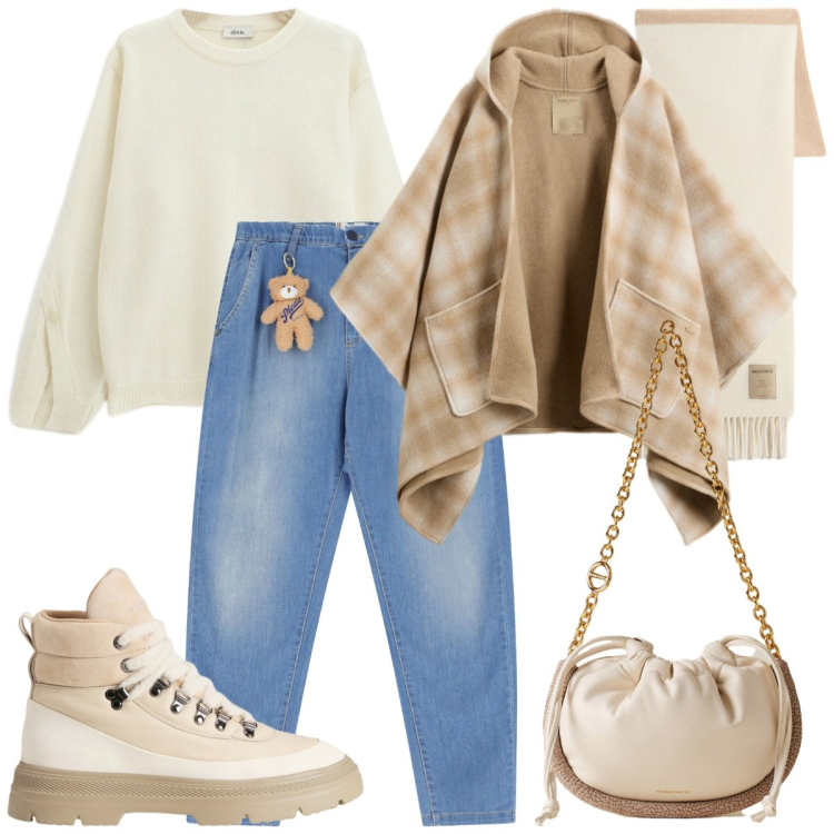 Outfit donna - Cozy outfit. Stile Trendy per Tutti i giorni. Abbinamento con jeans, borse a spalla, maglieria, anfibi, sciarpe, cappe.