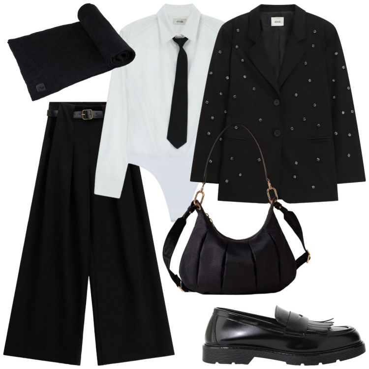 Outfit donna - Camicia e foulard in ufficio. Stile Glamour per Ufficio. Abbinamento con borse a spalla, mocassini, camicie, pantaloni a palazzo, blazer, sciarpe.