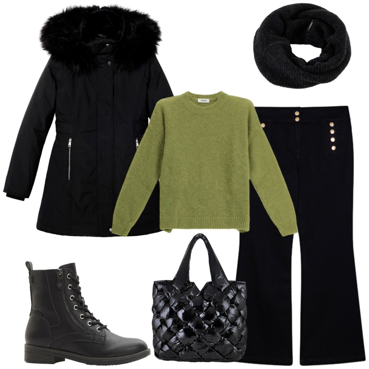 Outfit donna - Al lavoro. Stile Casual chic per Ufficio. Abbinamento con stivaletti, parka, maglieria, scaldacollo, borse tote, jeans.