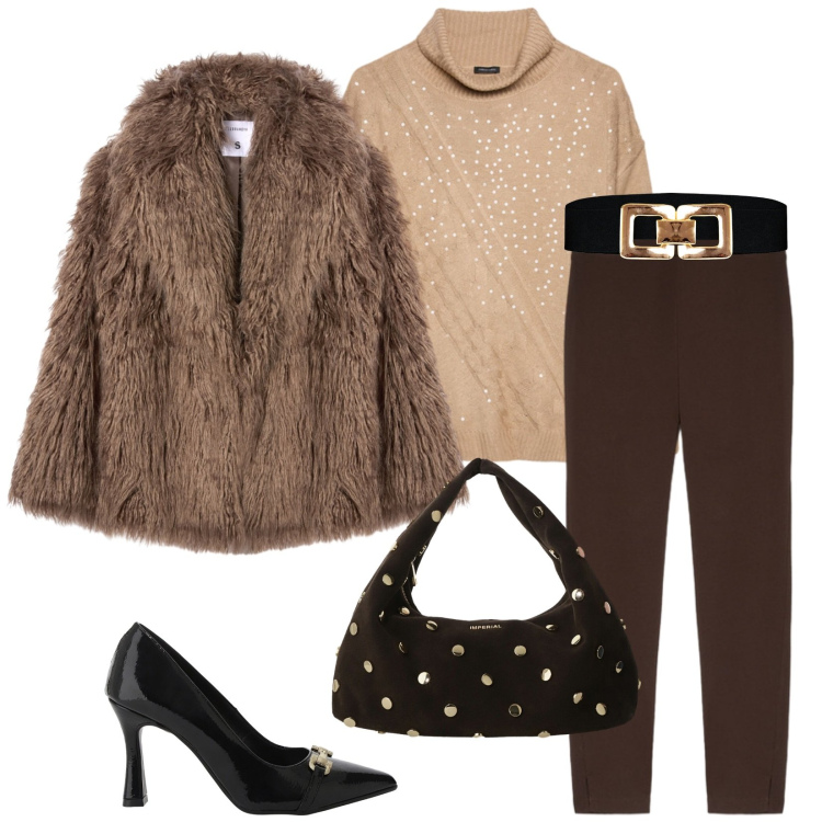 Outfit donna - Total look #2291929. Stile Chic per Serata fuori. Abbinamento con ecopellicce, cinture, décolleté, borse a spalla, leggings, maglieria.