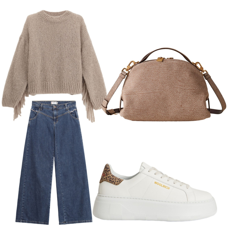 Outfit donna - Aperitivo. Stile Trendy per Tutti i giorni. Abbinamento con jeans, borse a mano, maglieria, sneakers.