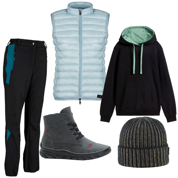 Outfit donna - Passeggiata in montagna. Stile Minimal per Sport. Abbinamento con pantaloni, felpe con cappuccio, stivaletti, piumini, berretti.