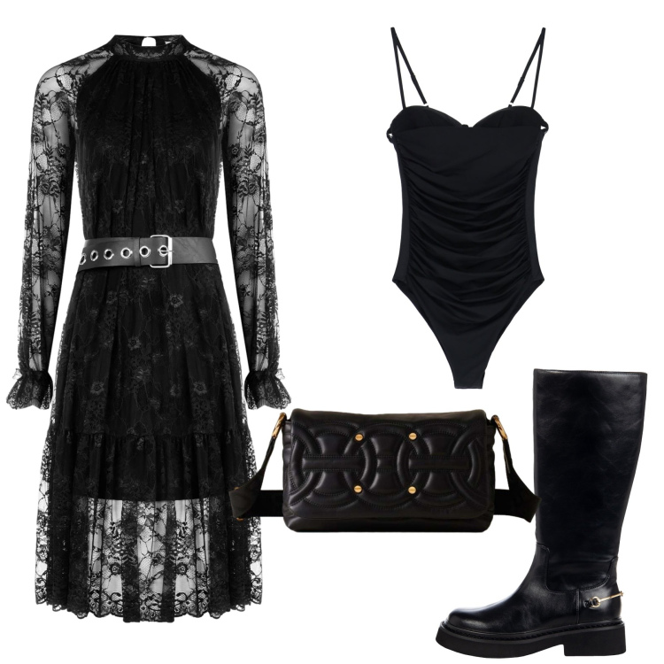 Outfit donna - Total look #2291939. Stile Rock per Serata fuori. Abbinamento con vestiti midi/longuette, stivali sopra il ginocchio, body, borse a tracolla.