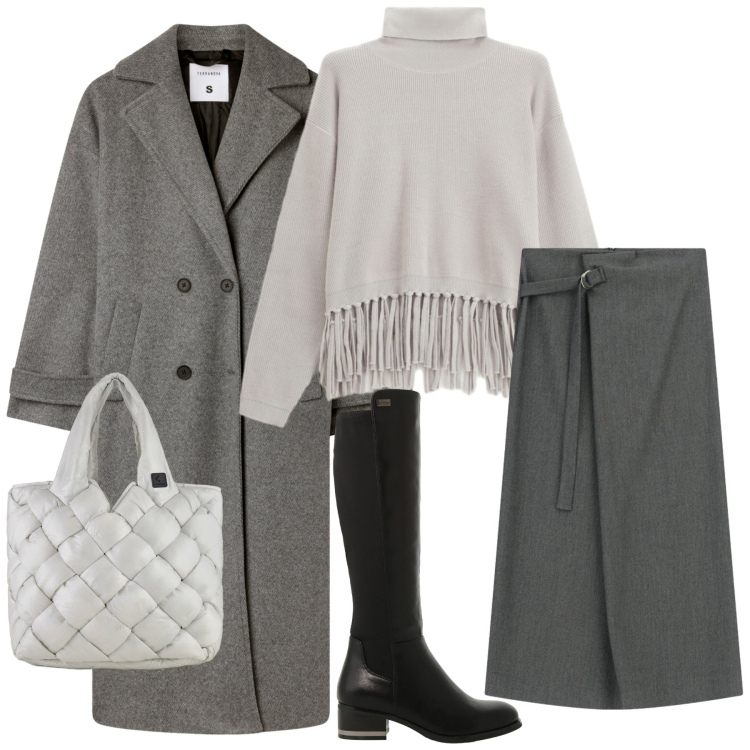 Outfit donna - Total look #2291940. Stile Romantica per Serata fuori. Abbinamento con maglieria, cappotti, gonne lunghe, stivali sopra il ginocchio, borse tote.