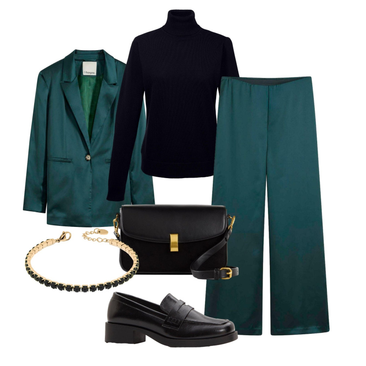 Outfit donna - Completo satin H24. Stile Glamour per Tutti i giorni. Abbinamento con mocassini, maglieria, pantaloni a palazzo, borse a mano, blazer, braccialetti.