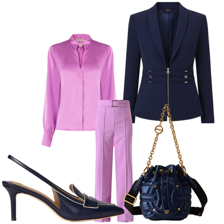 Outfit donna - PinkBlue. Stile Glamour per Serata fuori. Abbinamento con blazer, camicie, pantaloni, borse a secchiello, décolleté.