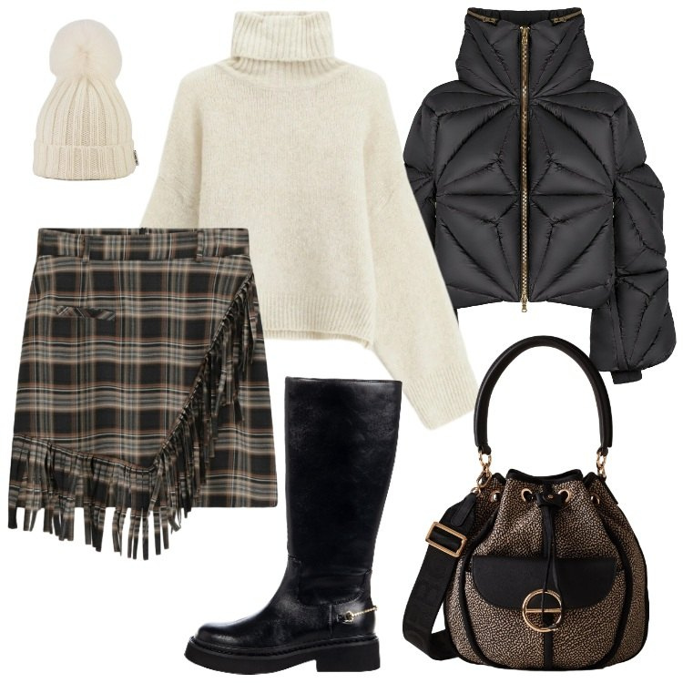 Outfit donna - Total look #2291966. Stile Casual chic per Tutti i giorni. Abbinamento con stivali sopra il ginocchio, maglieria, minigonne, borse a secchiello, piumini, berretti.