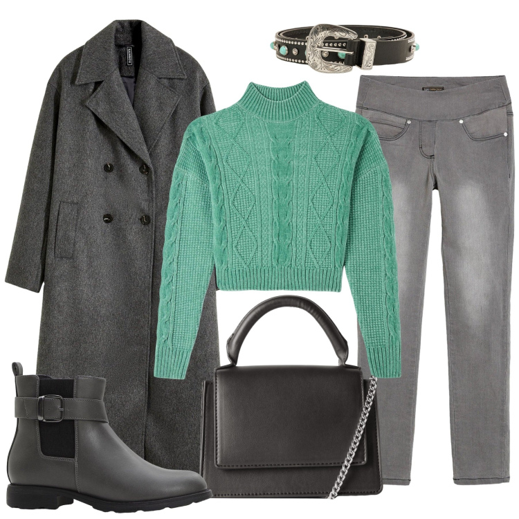 Outfit donna - Black Friday. Stile Basic per Tutti i giorni. Abbinamento con jeans dritti, stivaletti chelsea, cappotti, maglieria, borse a tracolla, cinture.