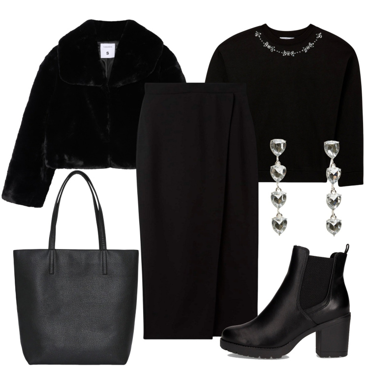 Outfit donna - Black Friday chic. Stile Chic per Tutti i giorni. Abbinamento con felpe, gonne longuette, orecchini, borse tote, ecopellicce, stivaletti chelsea.