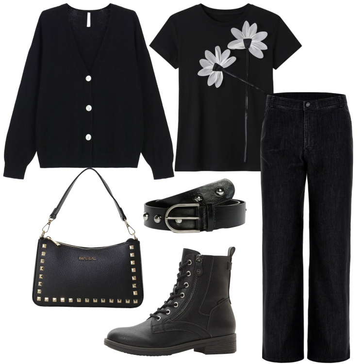 Outfit donna - Soft grunge. Stile Rock per Tutti i giorni. Abbinamento con stivaletti, t-shirt, cardigans, pochette, jeans, cinture.