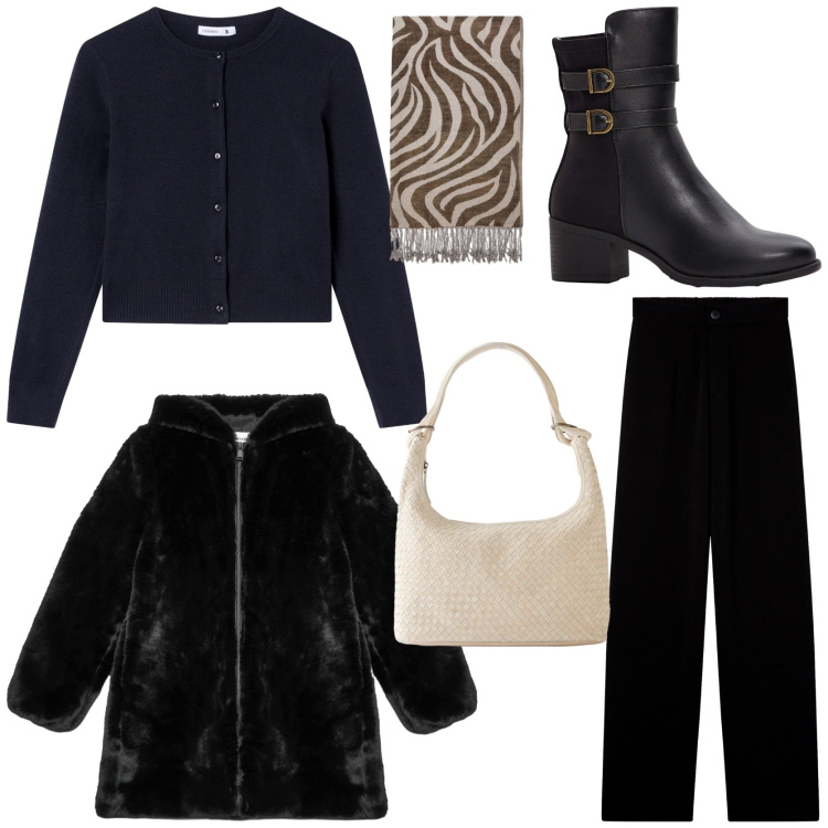 Outfit donna - In ufficio. Stile Casual chic per Ufficio. Abbinamento con stivaletti, shopping bag, cappotti, pantaloni, cardigans, foulard.