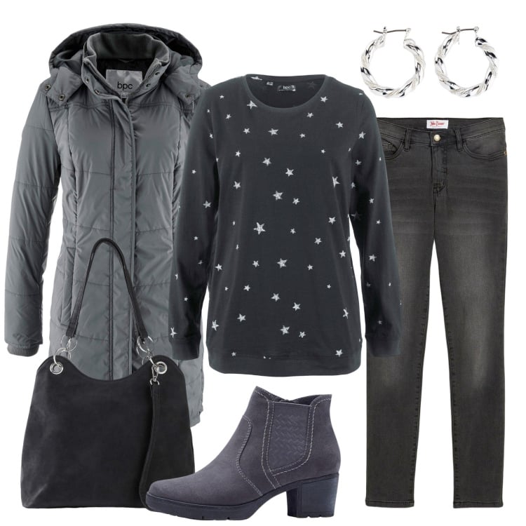 Outfit donna - Stelline aspettando Natale. Stile Basic per Tutti i giorni. Abbinamento con maglieria, stivaletti, giacche, jeans slim fit, borse a mano, orecchini.