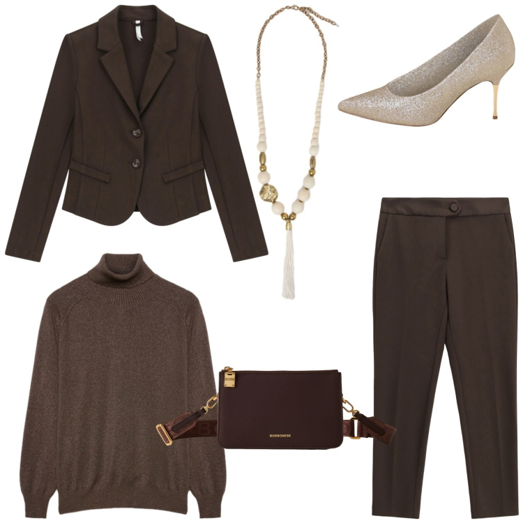 Outfit donna - Il tailleur maschile glamour. Stile Glamour per Ufficio. Abbinamento con décolleté, pantaloni, blazer, borse a tracolla, maglieria, ciondoli.